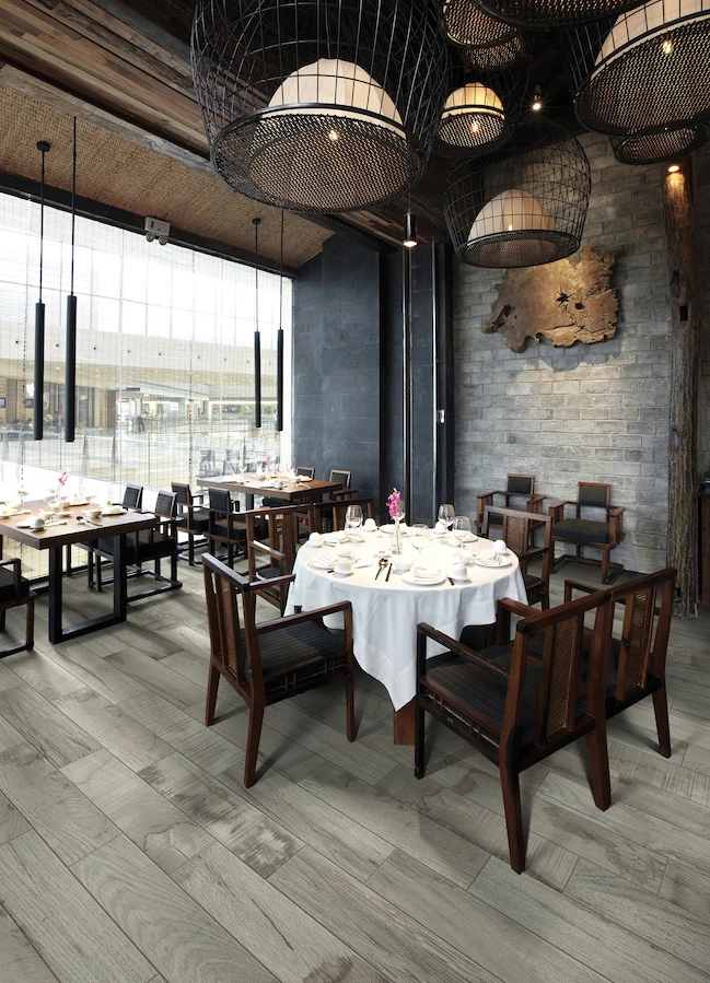 durable wood look commercial flooring in a dining room